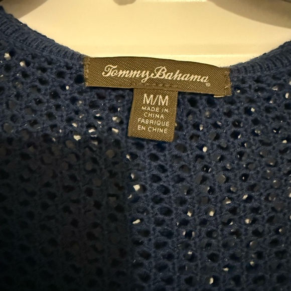 Tommy Bahama Blue V-Neck Mesh Crochet Hooded Mini Dress Swim Cover, Size Medium - Picture 2 of 7